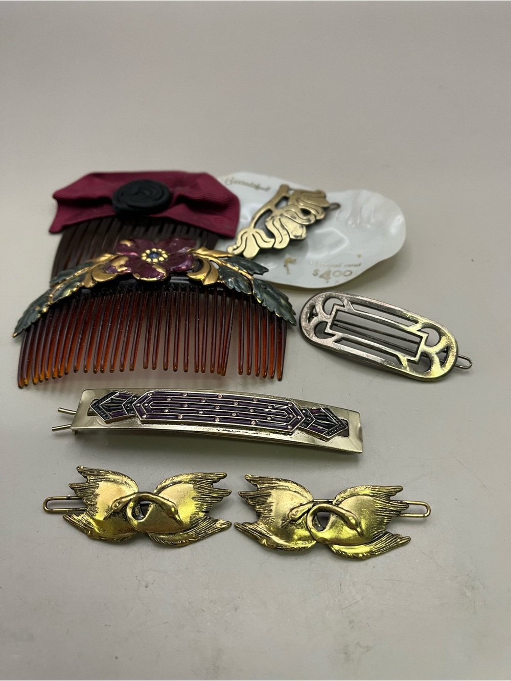 VTG 1970s 80s Hair Accessories Set Enamel Flower Swan Barrettes Tortoiseshell